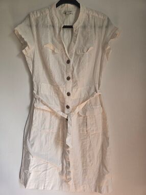 Banana Republic Linen Blend Dress Light Cream Button-Front Shirt Dress